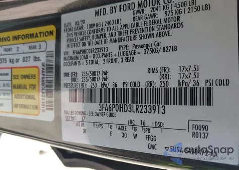 2020 Ford Fusion Se из США, поврежденный, VIN 3FA6P0HD3LR233913